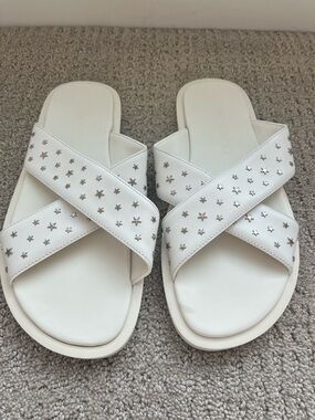 Jimmy Choo palmo leather White Star-Studded Cross-Strap Slide Sandals - Women 40
